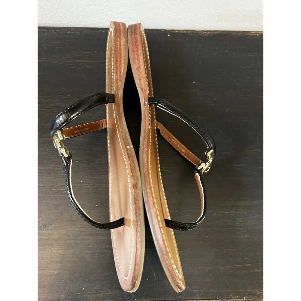 Tory Burch US 7.5 Black Leather Gold T‎ Logo Thong Flip Flop Sandal Shoes